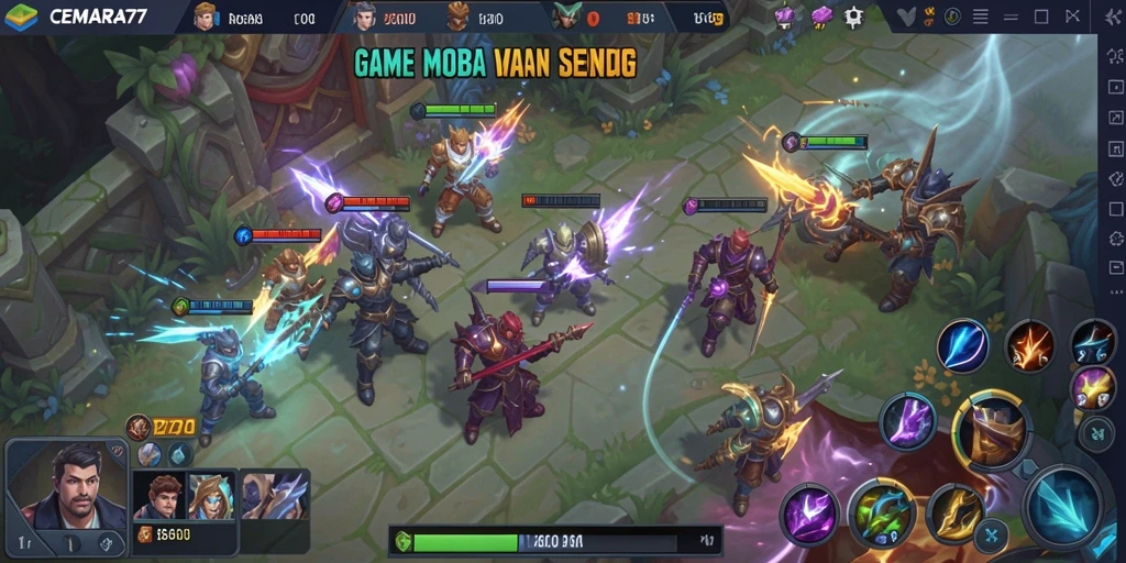 Tampilan gameplay seru di CEMARA77 dengan pertarungan MOBA.