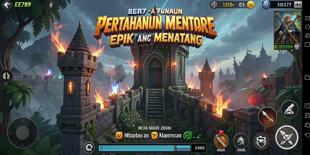 Screenshot gameplay EE789 yang menampilkan aksi pertahanan menara yang mendebarkan.