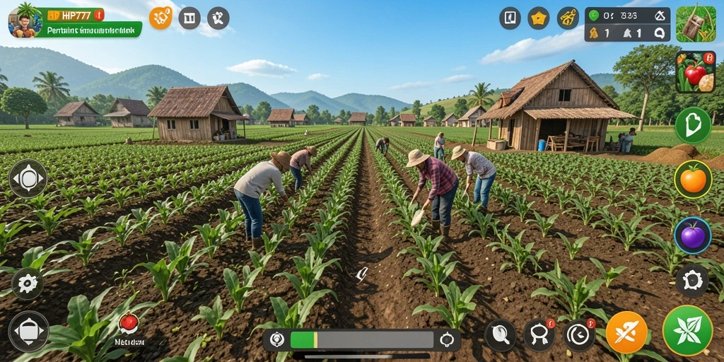 Screenshot gameplay HP777 yang menunjukkan petani sedang memanen hasil pertanian.