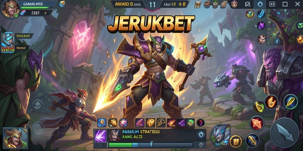 Screenshot gameplay JERUKBET menampilkan aksi MOBA yang intens.