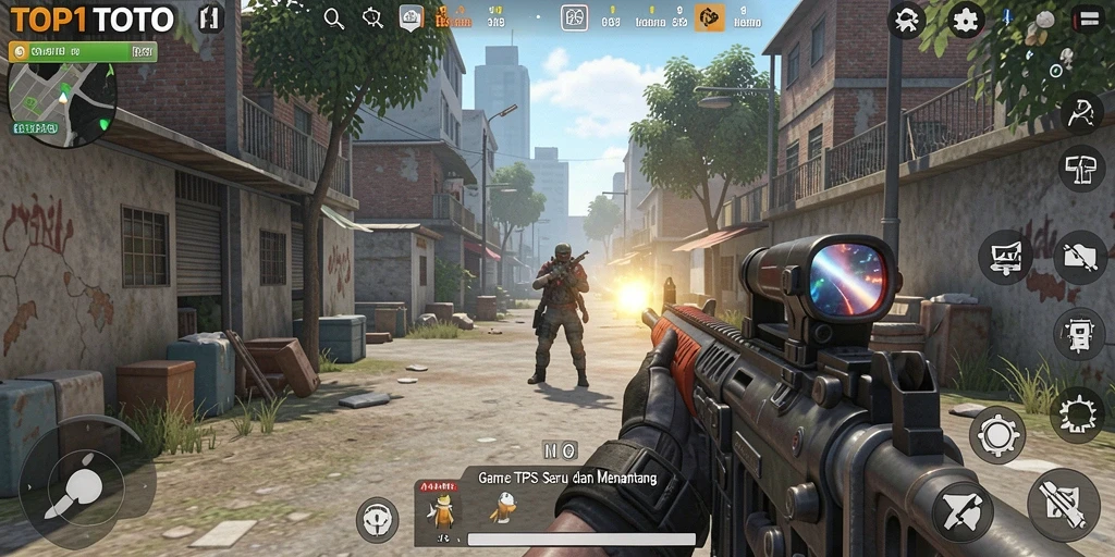Screenshot gameplay TOP1TOTO menunjukkan aksi seru dalam pertempuran TPS.